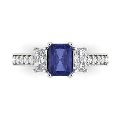 1.88 cttw Simulated Tanzanite Three-Stone Engagement Ring - Solid Gold (Emerald Cut,7x5mm)