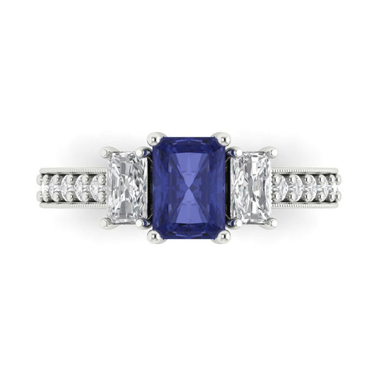 1.88 cttw Simulated Tanzanite Three-Stone Engagement Ring - Solid White Gold (VVS1, Emerald Cut,7x5mm)