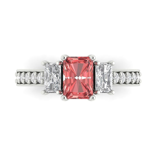 1.88 cttw Natural Garnet Three-Stone Engagement Ring - Solid White Gold (VVS1, Emerald Cut,7x5mm)