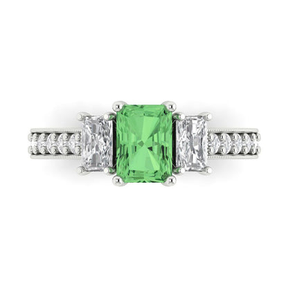 1.88 cttw Zirconia Simulated Green Diamond Three-Stone Engagement Ring - Solid Gold (VVS1, Emerald Cut,7x5mm)