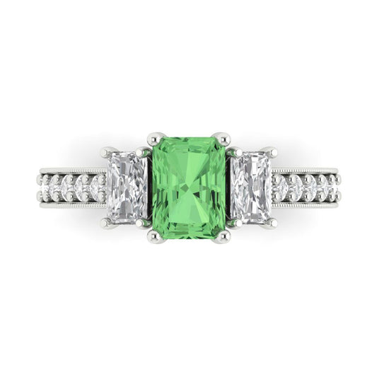 1.88 cttw Zirconia Simulated Green Diamond Three-Stone Engagement Ring - Solid White Gold (VVS1, Emerald Cut,7x5mm)