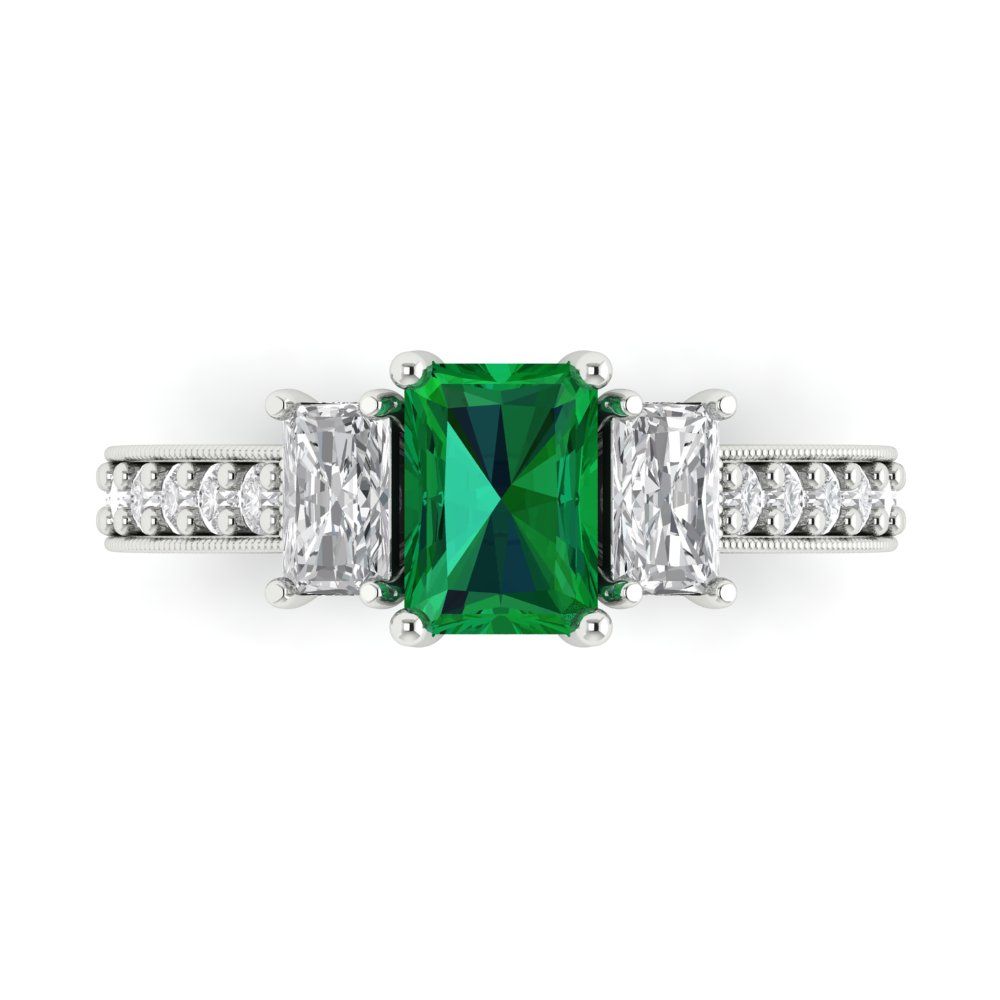 1.88 cttw Simulated Emerald Three-Stone Engagement Ring - Solid Gold (Emerald Cut,7x5mm)