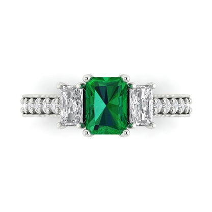 1.88 cttw Simulated Emerald Three-Stone Engagement Ring - Solid Gold (Emerald Cut,7x5mm)