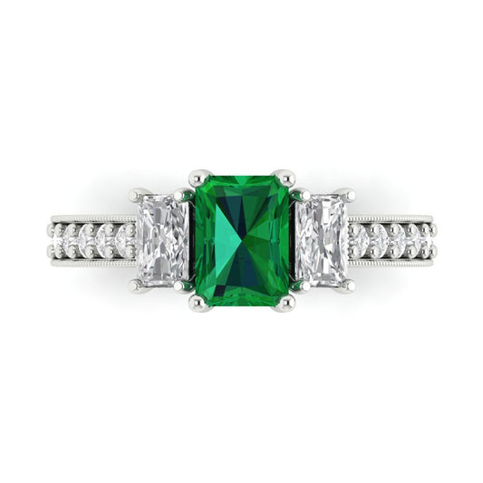 1.88 cttw Simulated Emerald Three-Stone Engagement Ring - Solid White Gold (VVS1, Emerald Cut,7x5mm)