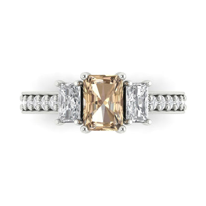1.88 cttw Yellow Moissanite Three-Stone Engagement Ring - Solid Gold (Emerald Cut,7x5mm)