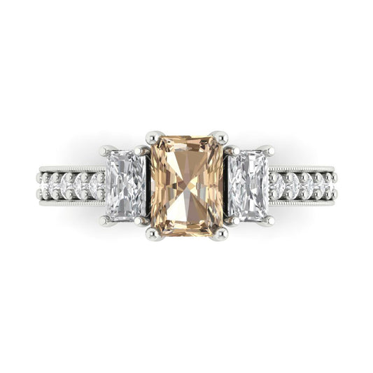 1.88 cttw Yellow Moissanite Three-Stone Engagement Ring - Solid White Gold (VVS1, Emerald Cut,7x5mm)