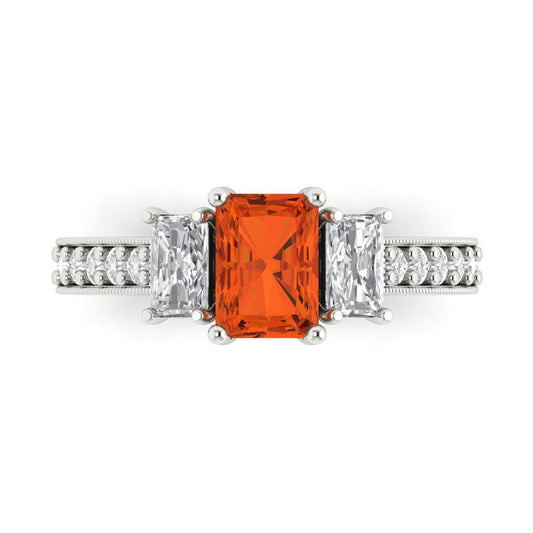 1.88 cttw Zirconia Simulated Red Diamond Three-Stone Engagement Ring - Solid White Gold (VVS1, Emerald Cut,7x5mm)