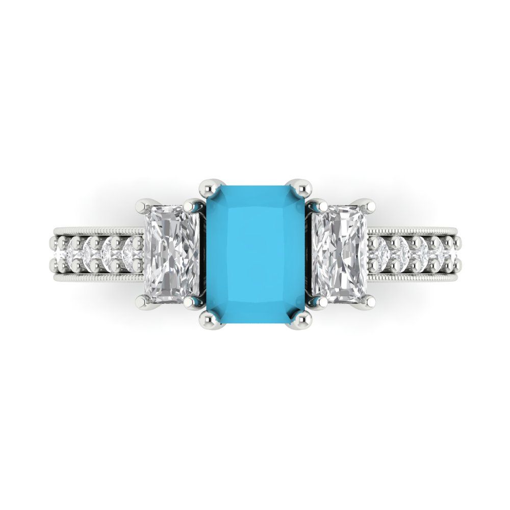 1.88 cttw Simulated Turquoise Three-Stone Engagement Ring - Solid White Gold (VVS1, Emerald Cut,7x5mm)