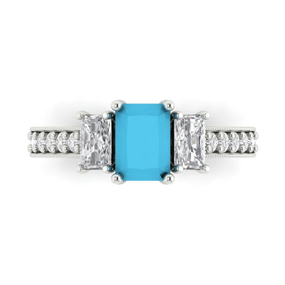 1.88 cttw Simulated Turquoise Three-Stone Engagement Ring - Solid White Gold (VVS1, Emerald Cut,7x5mm)