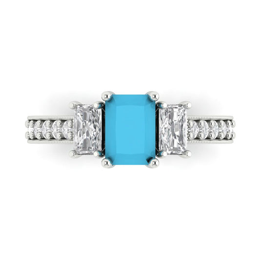 1.88 cttw Simulated Turquoise Three-Stone Engagement Ring - Solid White Gold (VVS1, Emerald Cut,7x5mm)