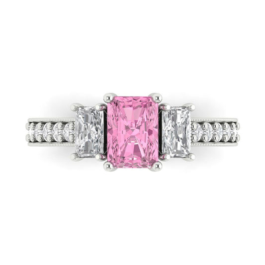1.88 cttw Zirconia Simulated Pink Diamond Three-Stone Engagement Ring - Solid White Gold (VVS1, Emerald Cut,7x5mm)