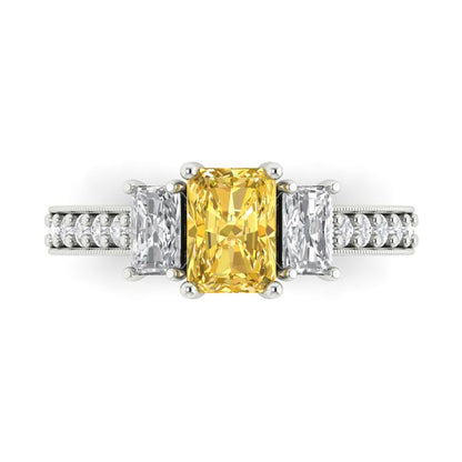 1.88 cttw Zirconia Simulated Yellow Diamond Three-Stone Engagement Ring - Solid Gold (VVS1, Emerald Cut,7x5mm)