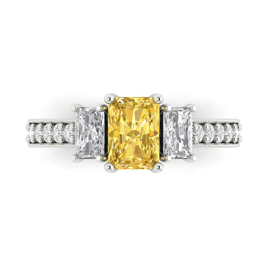 1.88 cttw Zirconia Simulated Yellow Diamond Three-Stone Engagement Ring - Solid White Gold (VVS1, Emerald Cut,7x5mm)