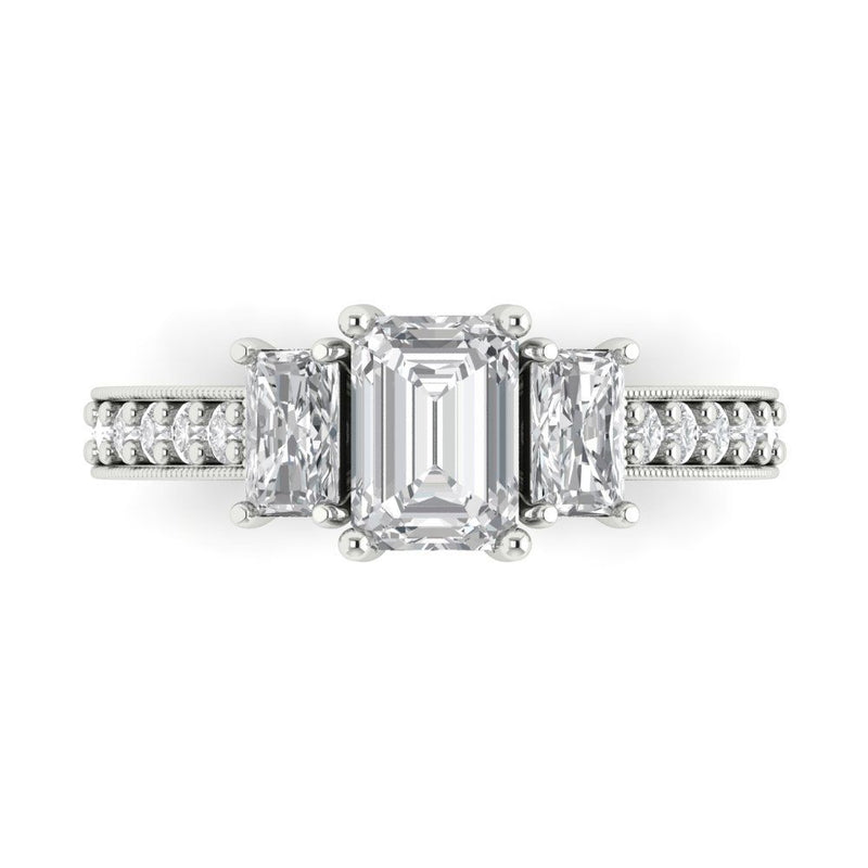 1.82 ct Brilliant Emerald Cut Natural Diamond Stone Clarity SI1-2 Color G-H White Gold Solitaire with Accents Three-Stone Ring