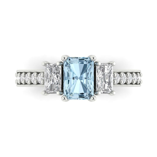 1.88 cttw Natural Aquamarine Three-Stone Engagement Ring - Solid White Gold (VVS1, Emerald Cut,7x5mm)