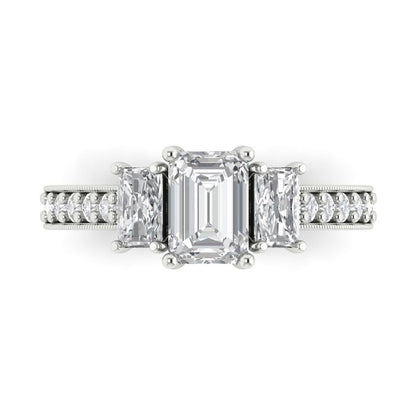 1.88 cttw Certified Moissanite Three-Stone Engagement Ring - Solid Gold (VVS1, D-F,Emerald Cut,7x5mm)