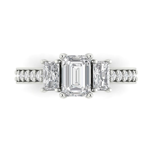 1.88 cttw Moissanite Three-Stone Engagement Ring - Solid White Gold (VVS1, Emerald Cut,7x5mm)