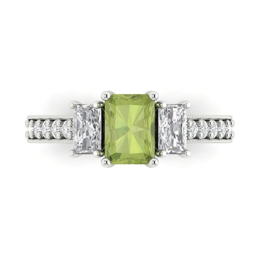 1.88 cttw Natural Peridot Three-Stone Engagement Ring - Solid White Gold (VVS1, Emerald Cut,7x5mm)