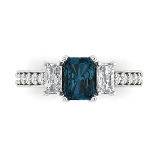 1.88 cttw Natural London Blue Topaz Three-Stone Engagement Ring - Solid White Gold (VVS1, Emerald Cut,7x5mm)