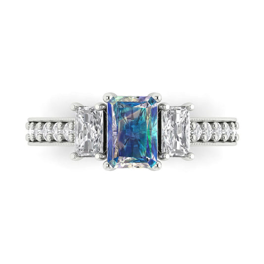 1.88 cttw Blue Moissanite Three-Stone Engagement Ring - Solid White Gold (VVS1, Emerald Cut,7x5mm)