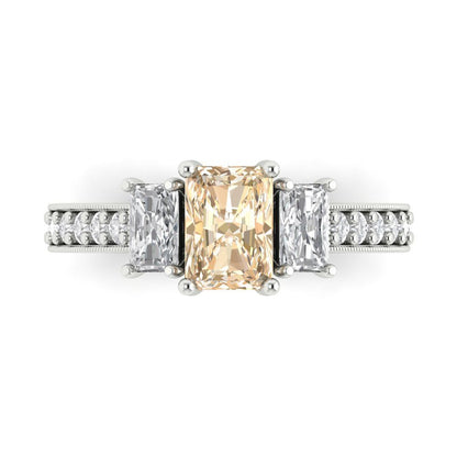 1.88 cttw Natural Morganite Three-Stone Engagement Ring - Solid White Gold (VVS1, Emerald Cut,7x5mm)