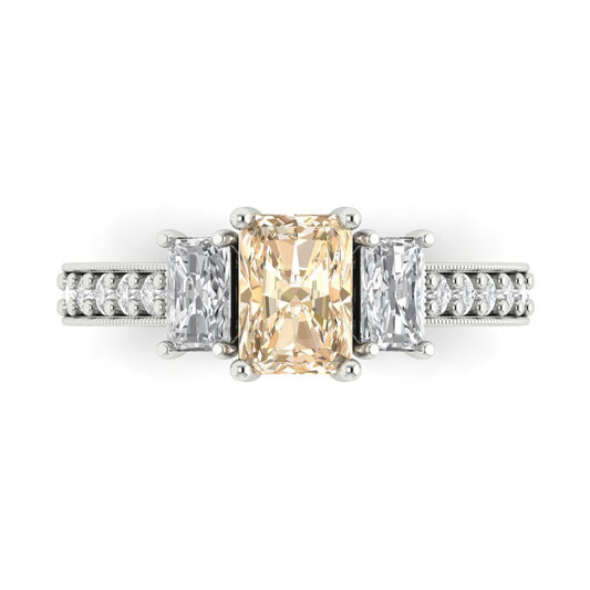 1.88 cttw Natural Morganite Three-Stone Engagement Ring - Solid White Gold (VVS1, Emerald Cut,7x5mm)