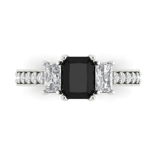 1.88 cttw Natural Onyx Three-Stone Engagement Ring - Solid White Gold (VVS1, Emerald Cut,7x5mm)