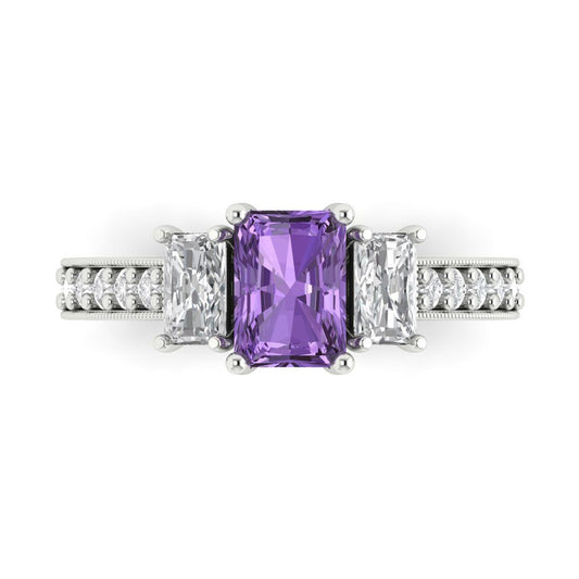 1.88 cttw Simulated Alexandrite Three-Stone Engagement Ring - Solid White Gold (VVS1, Emerald Cut,7x5mm)