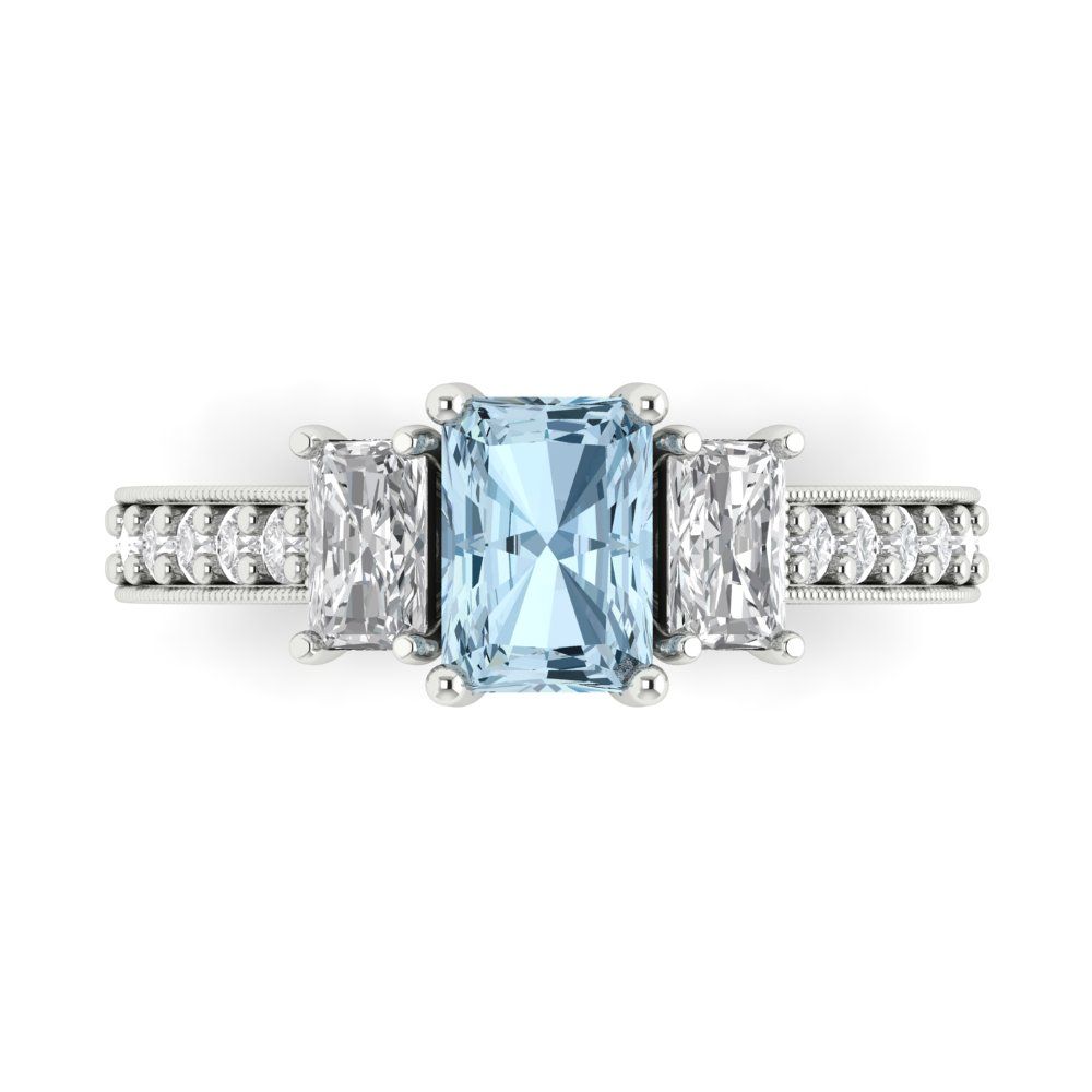 1.88 cttw Natural Swiss Blue Topaz Three-Stone Engagement Ring - Solid Gold (Emerald Cut,7x5mm)