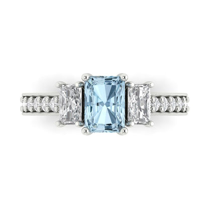 1.88 cttw Natural Swiss Blue Topaz Three-Stone Engagement Ring - Solid Gold (Emerald Cut,7x5mm)