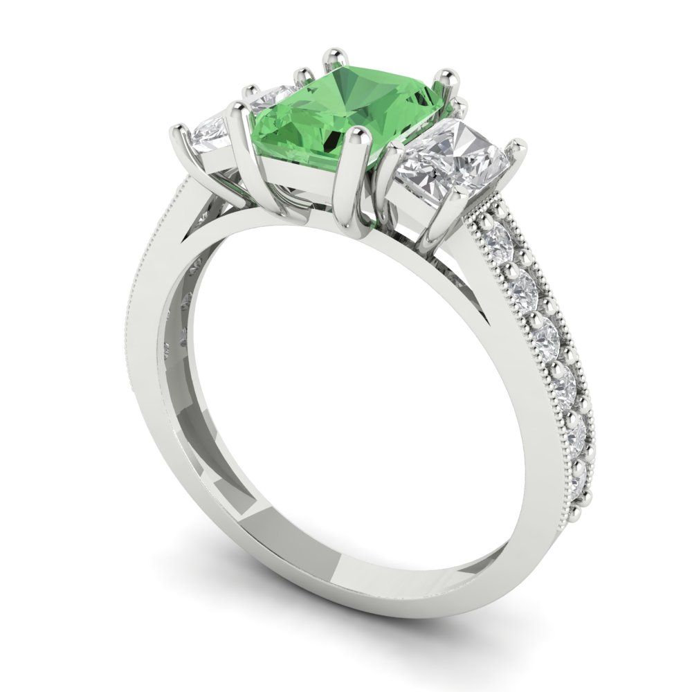 1.88 cttw Zirconia Simulated Green Diamond Three-Stone Engagement Ring - Solid Gold (VVS1, Emerald Cut,7x5mm)