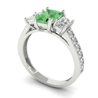 1.88 cttw Zirconia Simulated Green Diamond Three-Stone Engagement Ring - Solid Gold (VVS1, Emerald Cut,7x5mm)