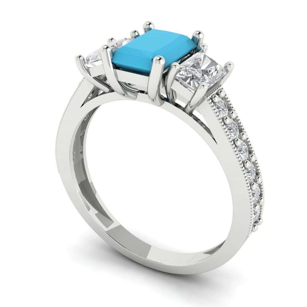 1.88 cttw Simulated Turquoise Three-Stone Engagement Ring - Solid White Gold (VVS1, Emerald Cut,7x5mm)