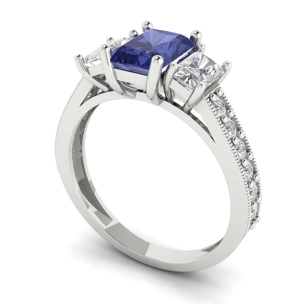 1.88 cttw Simulated Tanzanite Three-Stone Engagement Ring - Solid Gold (Emerald Cut,7x5mm)