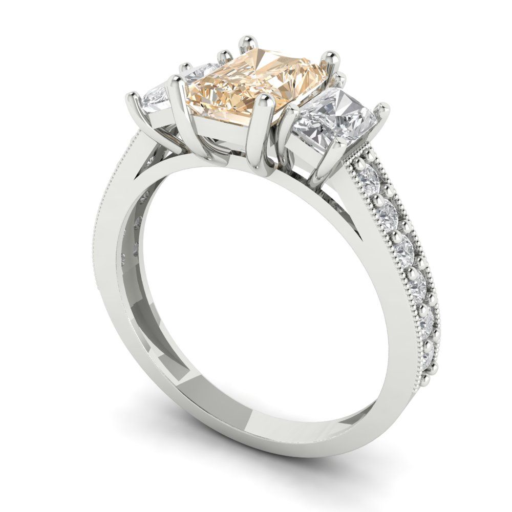 1.88 cttw Natural Morganite Three-Stone Engagement Ring - Solid White Gold (VVS1, Emerald Cut,7x5mm)