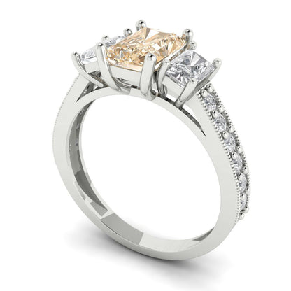 1.88 cttw Natural Morganite Three-Stone Engagement Ring - Solid White Gold (VVS1, Emerald Cut,7x5mm)
