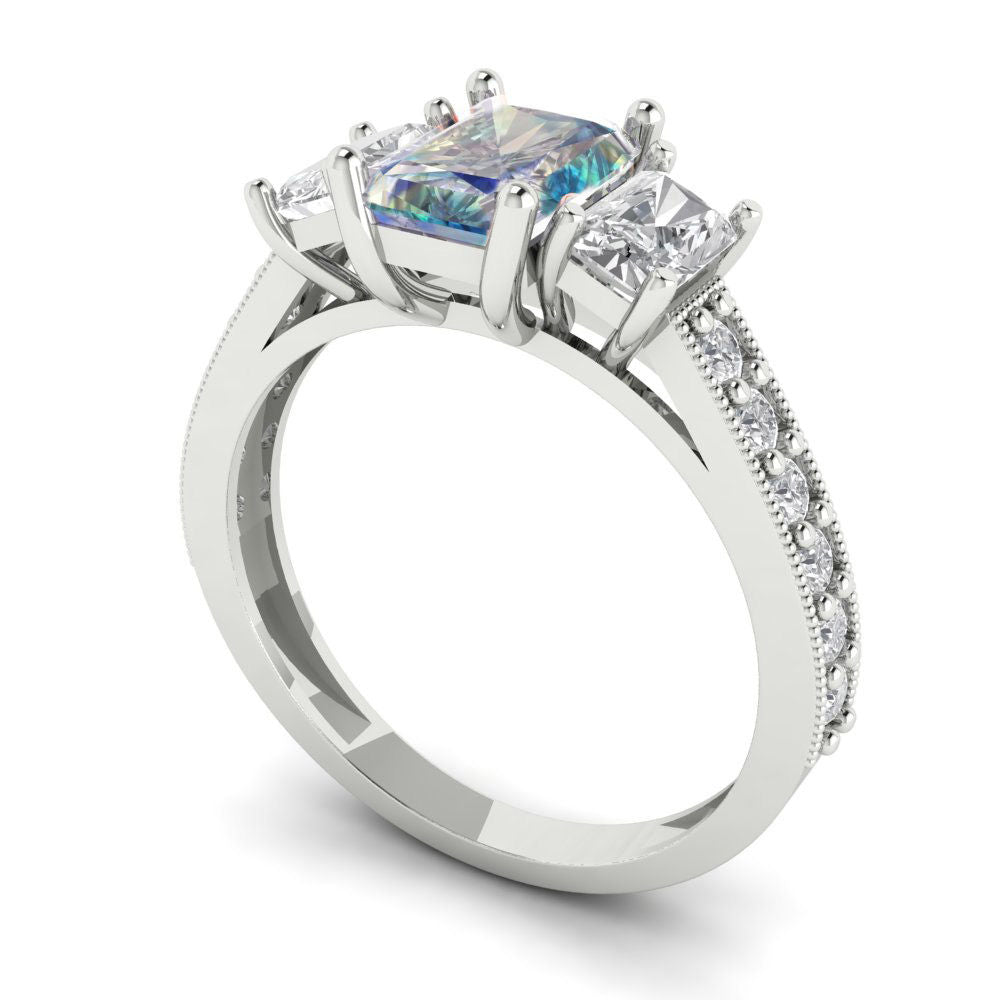 1.88 cttw Blue Moissanite Three-Stone Engagement Ring - Solid Gold (Emerald Cut,7x5mm)