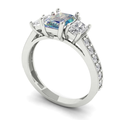 1.88 cttw Blue Moissanite Three-Stone Engagement Ring - Solid Gold (Emerald Cut,7x5mm)