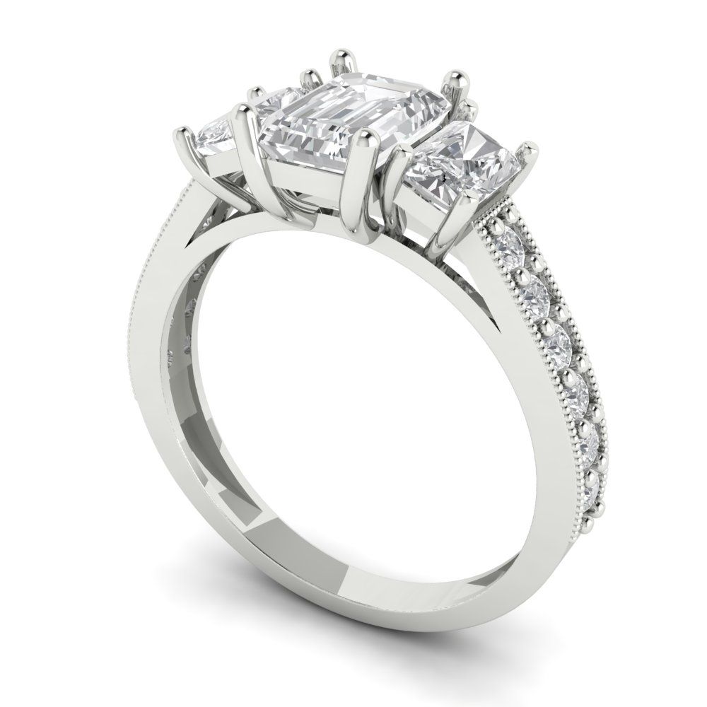 1.82 ct Brilliant Emerald Cut Natural Diamond Stone Clarity VS1-2 Color G-H White Gold Solitaire with Accents Three-Stone Ring