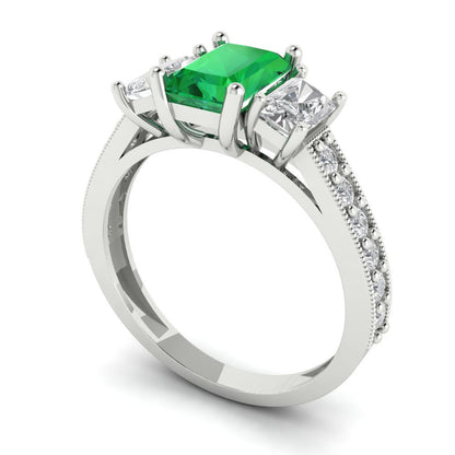 1.88 cttw Simulated Emerald Three-Stone Engagement Ring - Solid Gold (Emerald Cut,7x5mm)