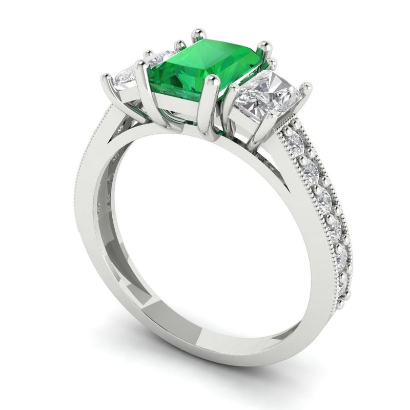 1.82 ct Brilliant Emerald Cut Simulated Emerald Stone White Gold Solitaire with Accents Three-Stone Ring