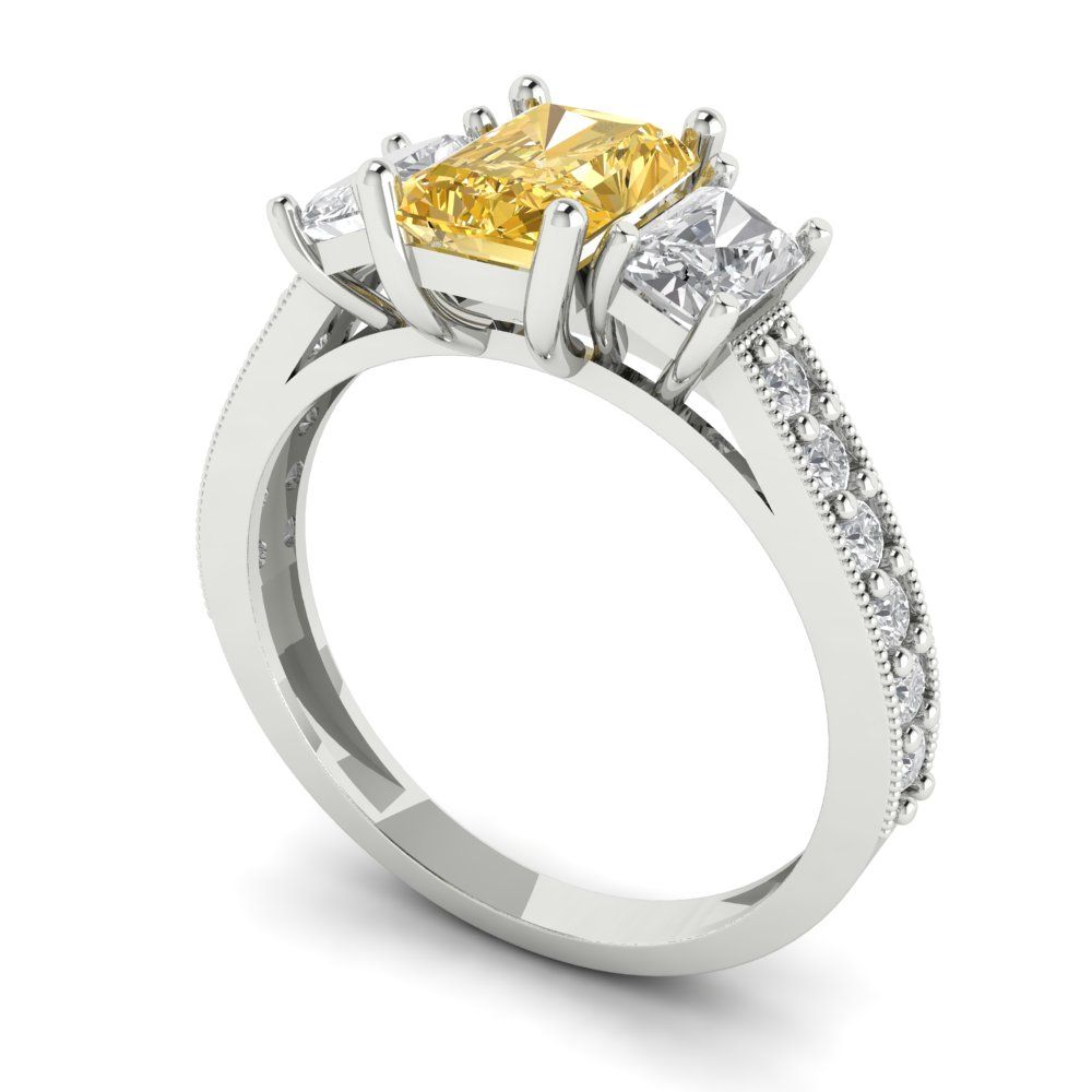 1.88 cttw Zirconia Simulated Yellow Diamond Three-Stone Engagement Ring - Solid Gold (VVS1, Emerald Cut,7x5mm)