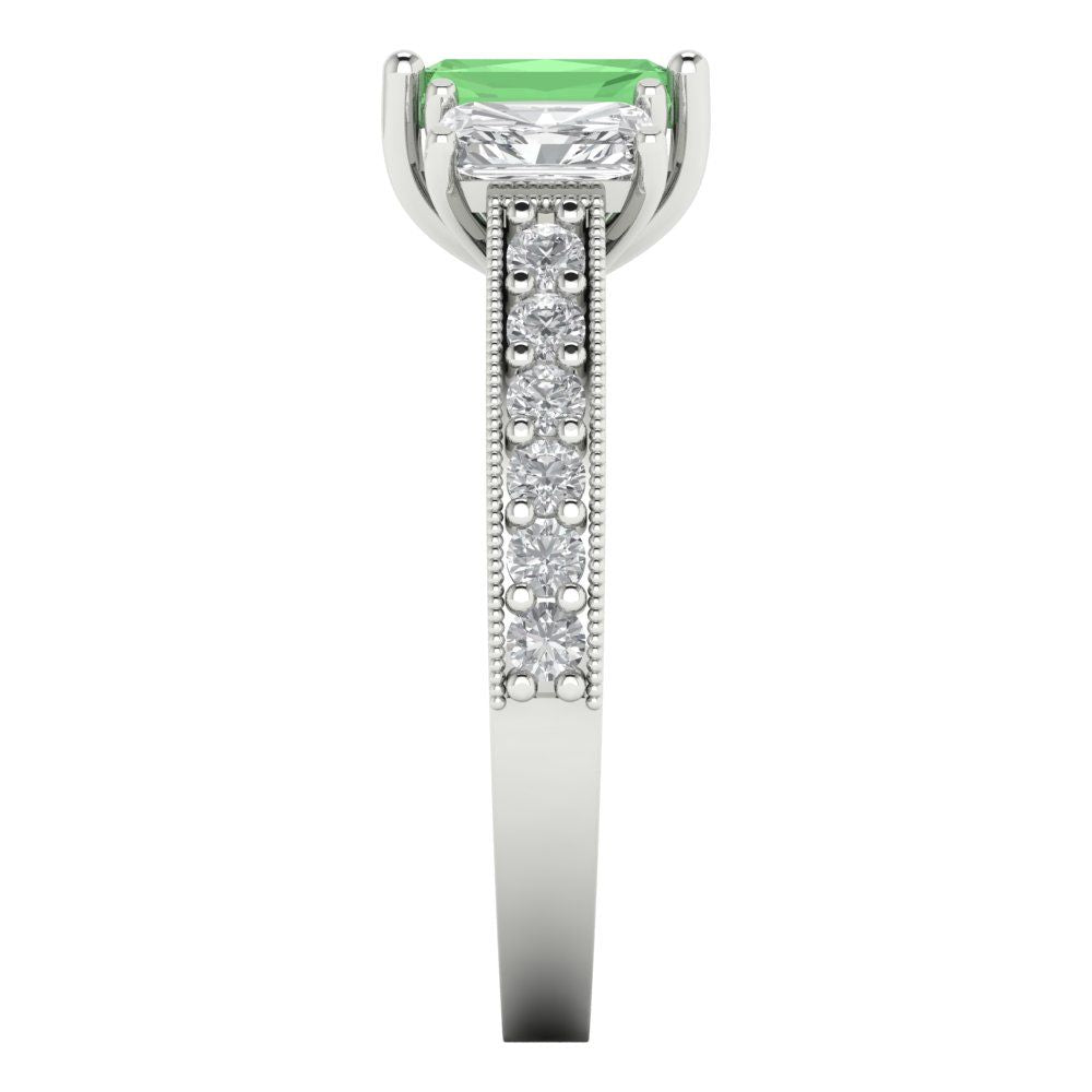 1.88 cttw Zirconia Simulated Green Diamond Three-Stone Engagement Ring - Solid Gold (VVS1, Emerald Cut,7x5mm)