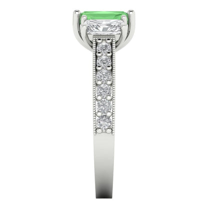 1.88 cttw Zirconia Simulated Green Diamond Three-Stone Engagement Ring - Solid Gold (VVS1, Emerald Cut,7x5mm)