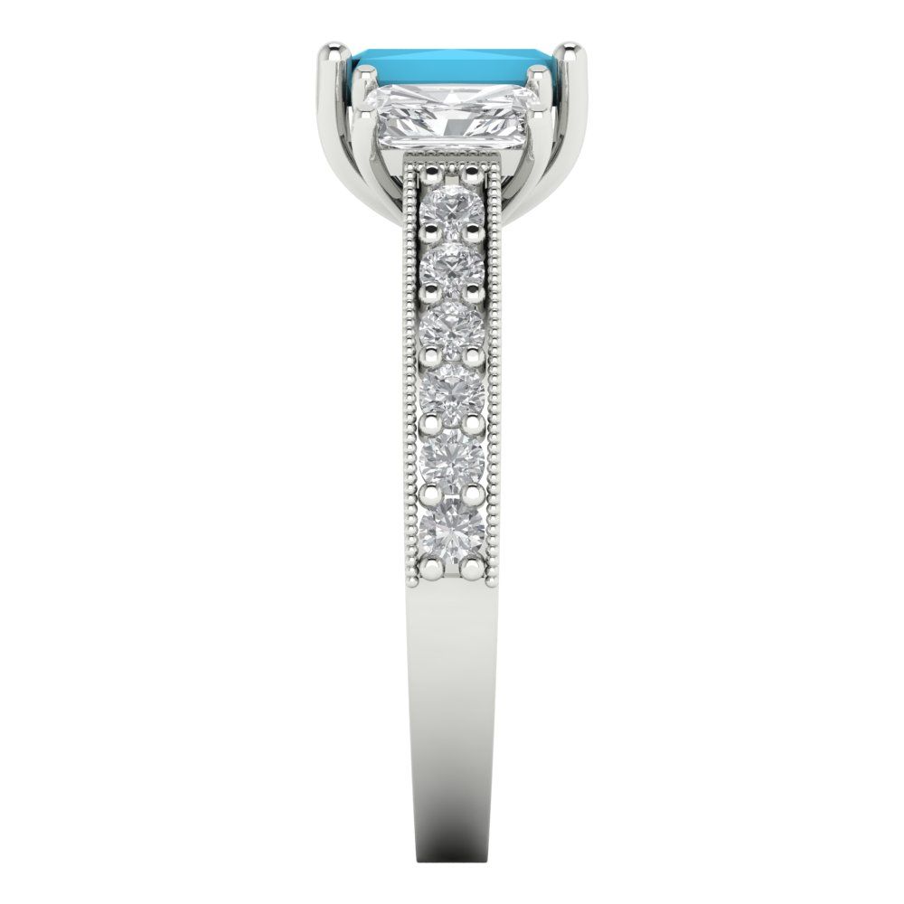 1.88 cttw Simulated Turquoise Three-Stone Engagement Ring - Solid White Gold (VVS1, Emerald Cut,7x5mm)