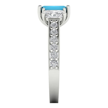 1.88 cttw Simulated Turquoise Three-Stone Engagement Ring - Solid White Gold (VVS1, Emerald Cut,7x5mm)