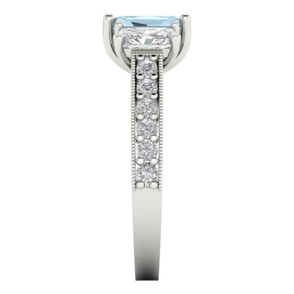 1.88 cttw Zirconia Simulated Blue Diamond Three-Stone Engagement Ring - Solid Gold (VVS1, Emerald Cut,7x5mm)