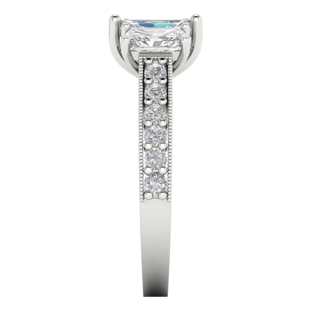 1.88 cttw Blue Moissanite Three-Stone Engagement Ring - Solid Gold (Emerald Cut,7x5mm)