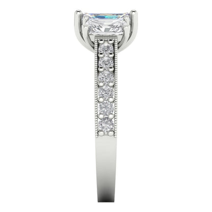 1.88 cttw Blue Moissanite Three-Stone Engagement Ring - Solid Gold (Emerald Cut,7x5mm)