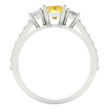 1.88 cttw Zirconia Simulated Yellow Diamond Three-Stone Engagement Ring - Solid Gold (VVS1, Emerald Cut,7x5mm)